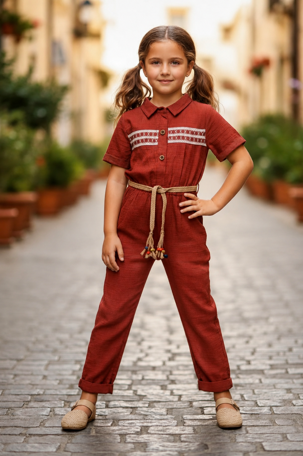 Combinaison fille avec ceinture tressée – 6 à 9 ans |
