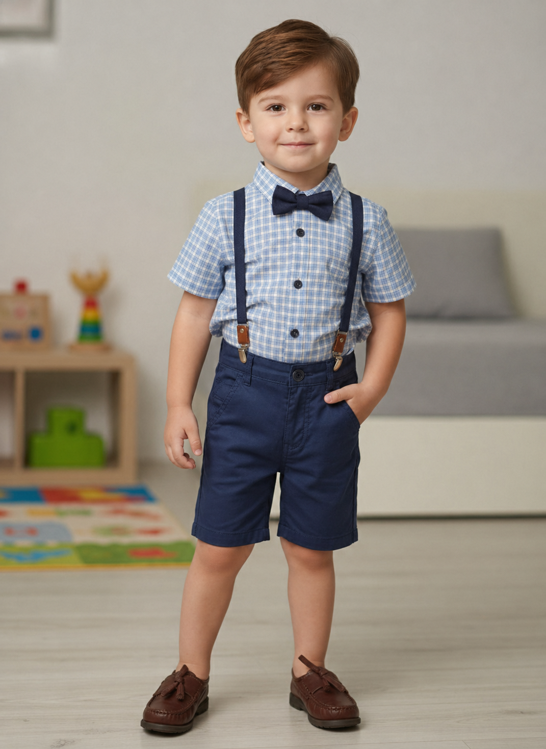 Ensemble garçon chemise et short avec bretelles et nœud papillon – 1 à 4 ans