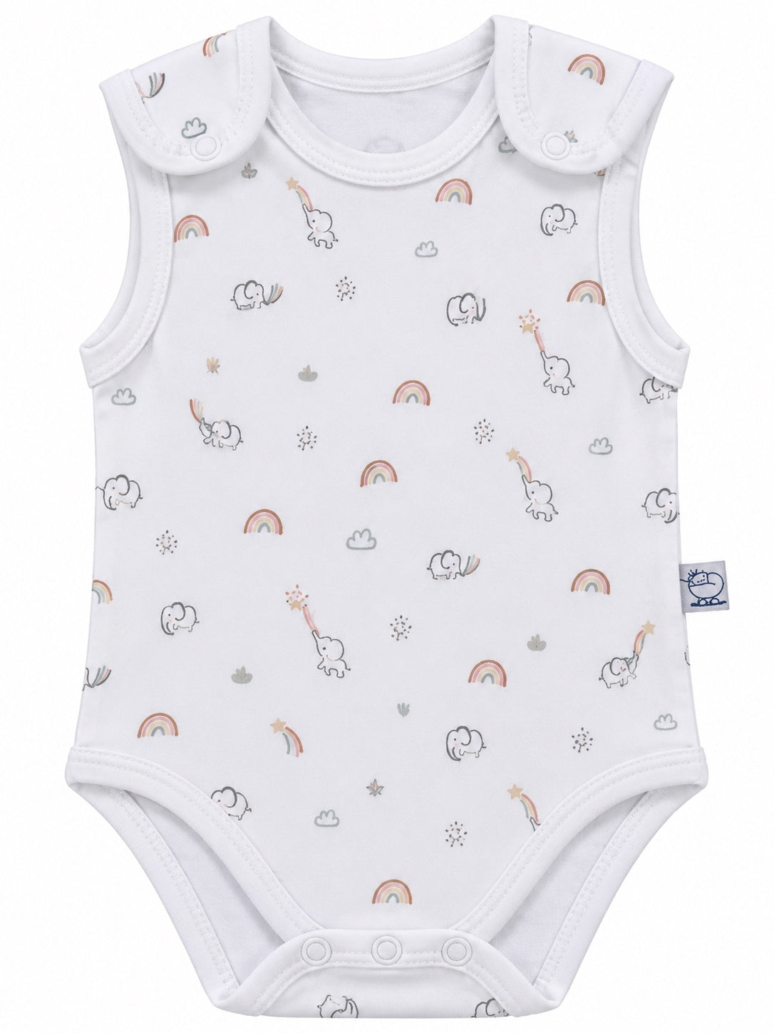 Body bébé blanc motif éléphants et arcs-en-ciel, sans manches