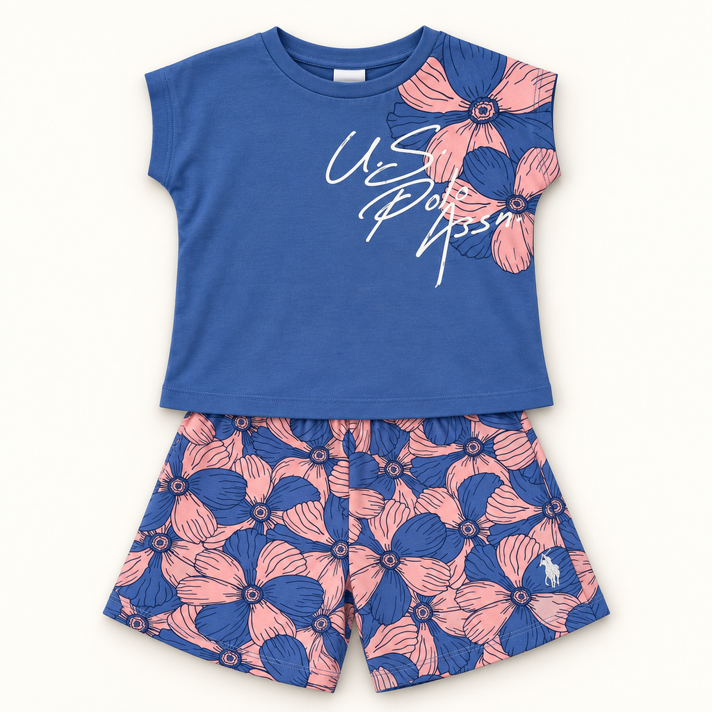 Ensemble fille US Polo t-shirt bleu et short fleuri rose – 4 à 8 ans