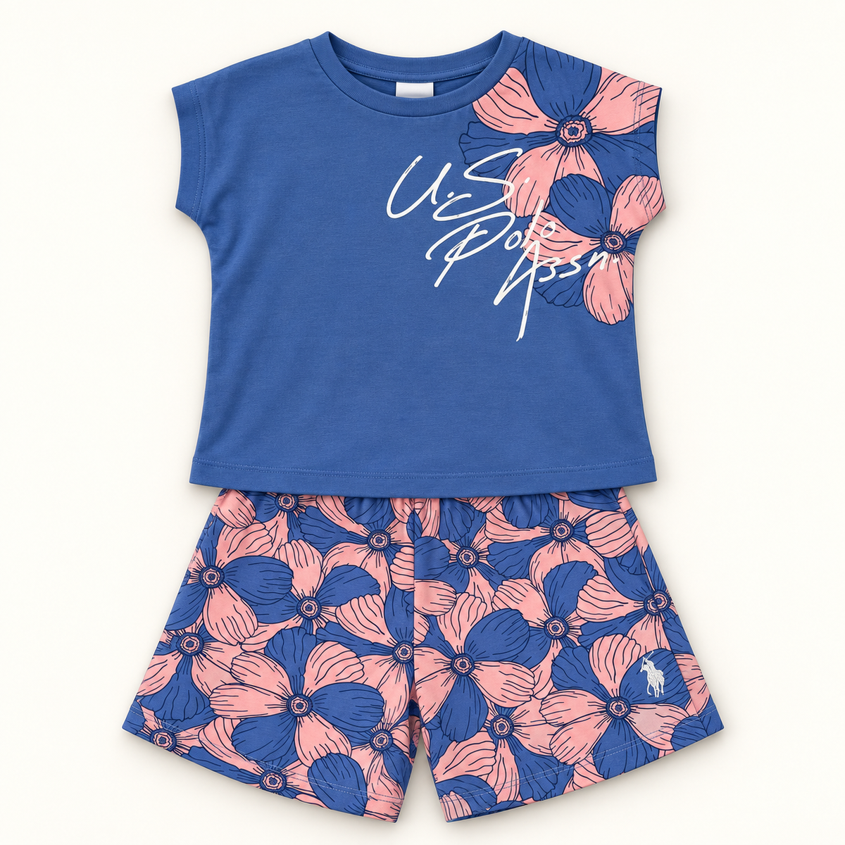 Ensemble fille US Polo t-shirt bleu et short fleuri rose – 4 à 8 ans