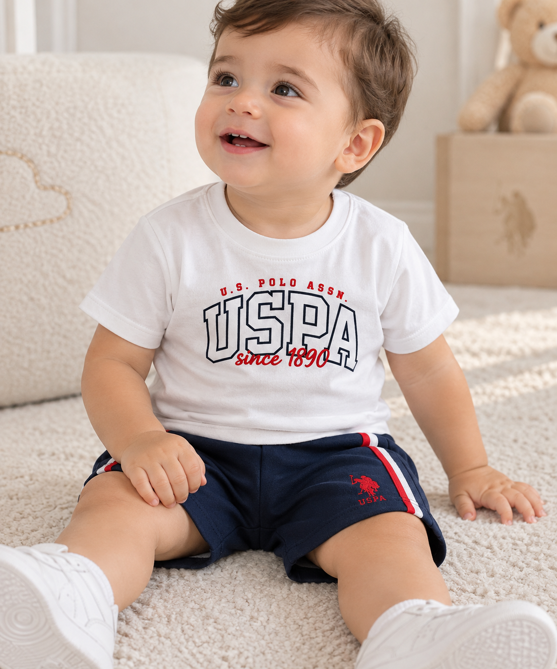Ensemble bébé garçon US Polo t-shirt blanc et short bleu marine – 6 mois à 3 ans