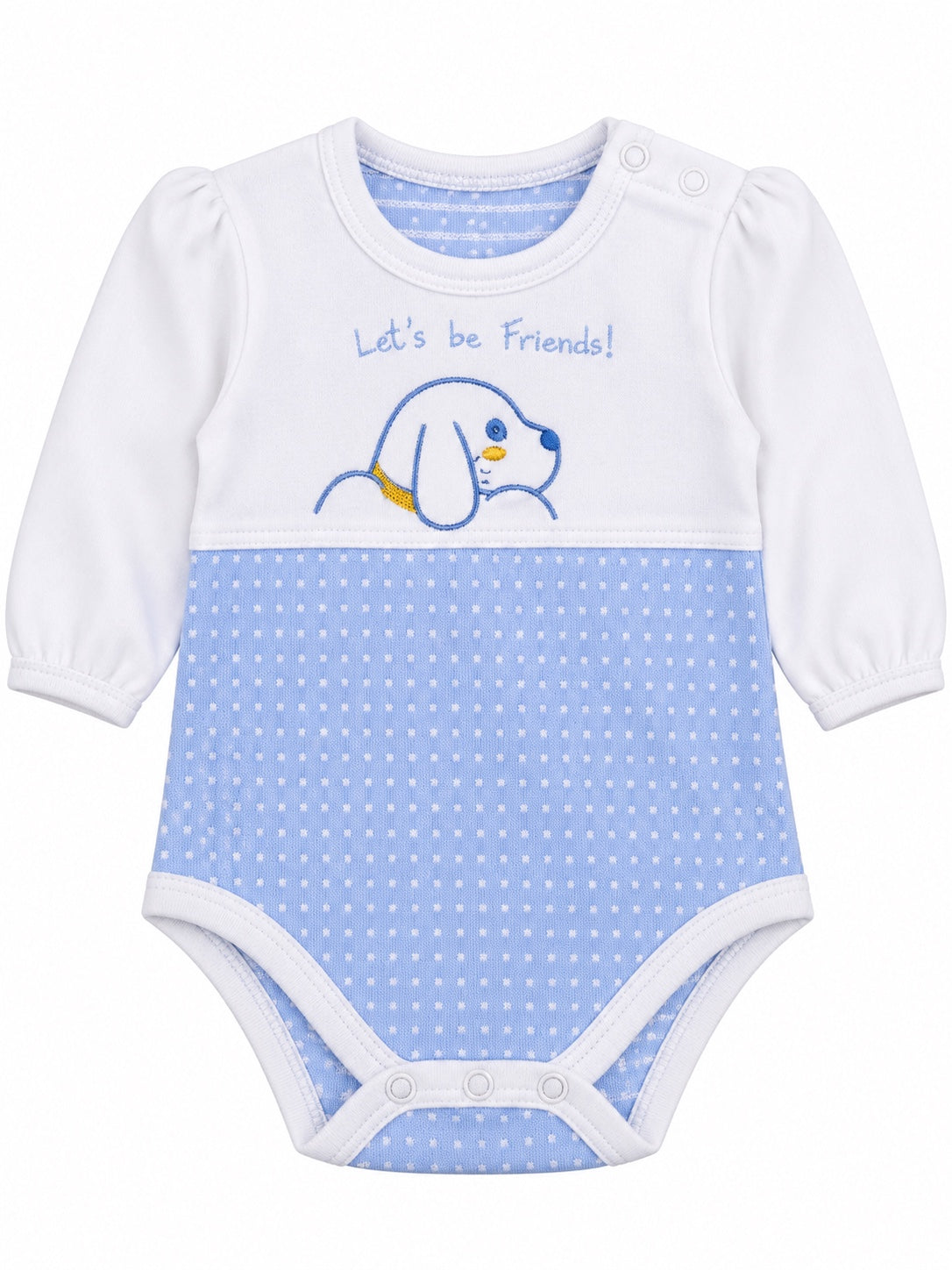 Body bébé blanc et bleu motif chien, manches longues