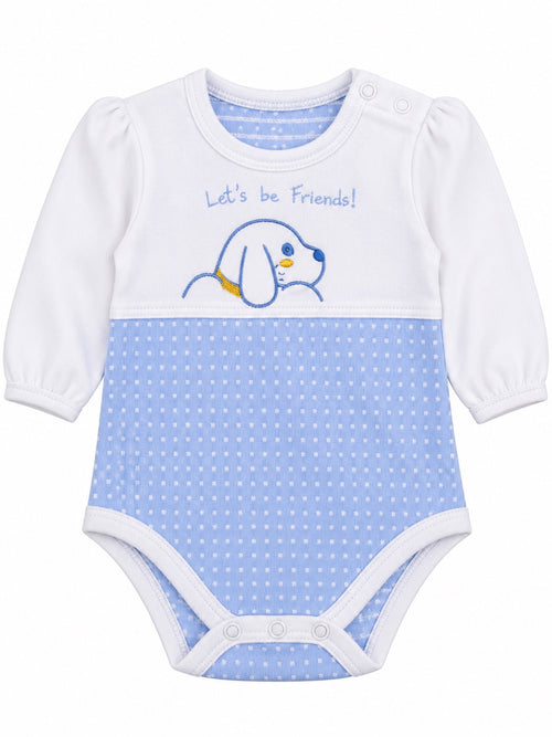 Body bébé blanc et bleu motif chien, manches longues