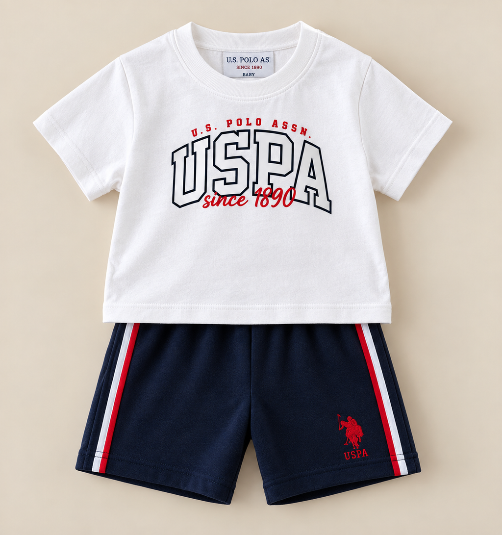 Ensemble bébé garçon US Polo t-shirt blanc et short bleu marine – 6 mois à 3 ans