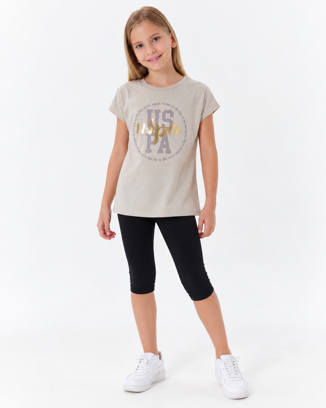 Ensemble fille US Polo t-shirt imprimé et cycliste – rose/bleu ou beige/noir – 9 à 15 ans