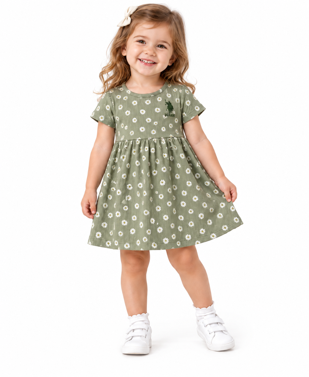 Robe bébé fille US Polo verte à fleurs – 6 mois à 3 ans
