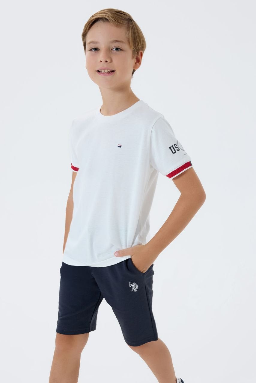 Ensemble garçon US Polo t-shirt blanc et short gris foncé – 4 à 8 ans