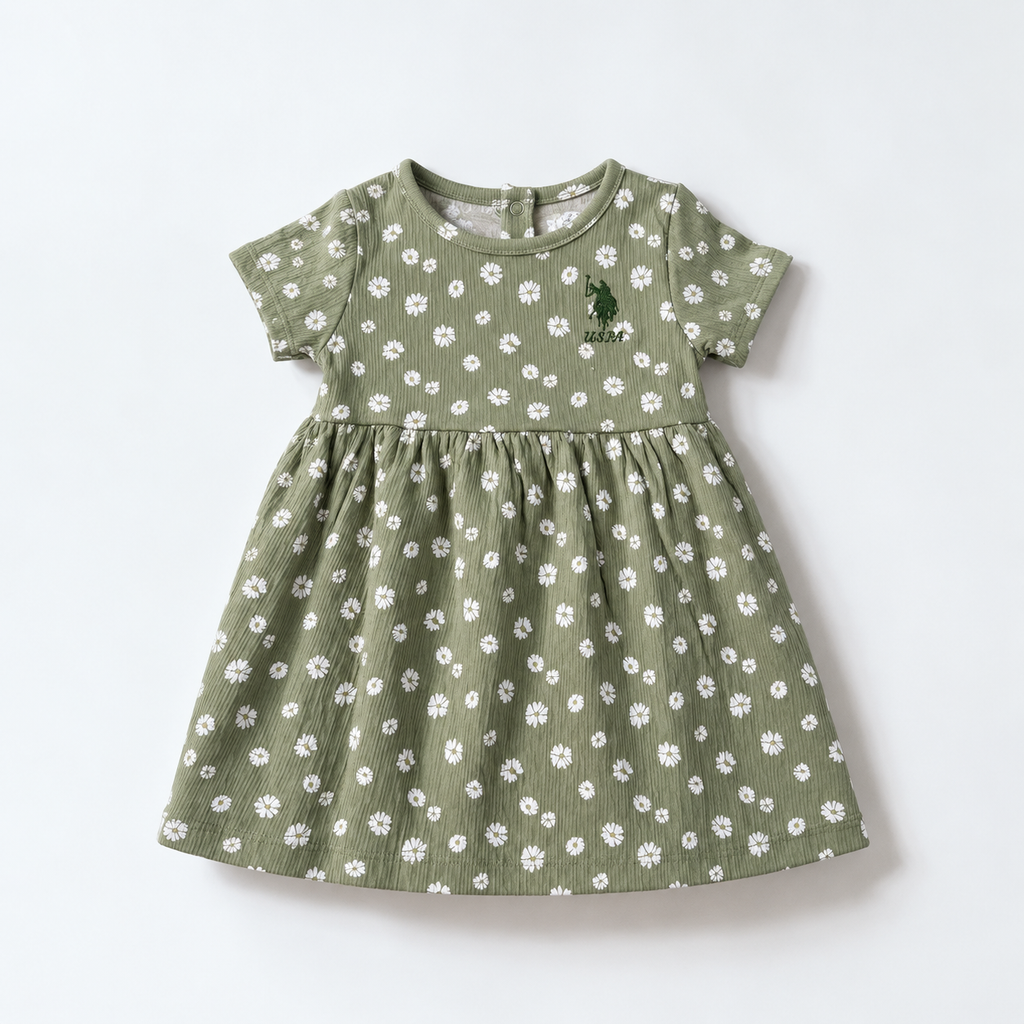 Robe bébé fille US Polo verte à fleurs – 6 mois à 3 ans
