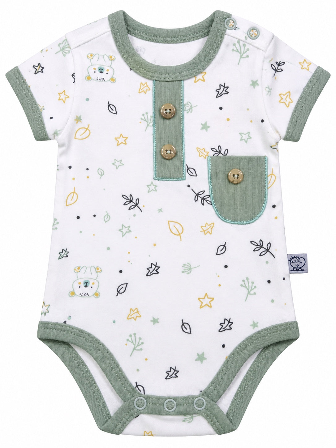 Body bébé blanc motif nature à poche verte, demi-manches