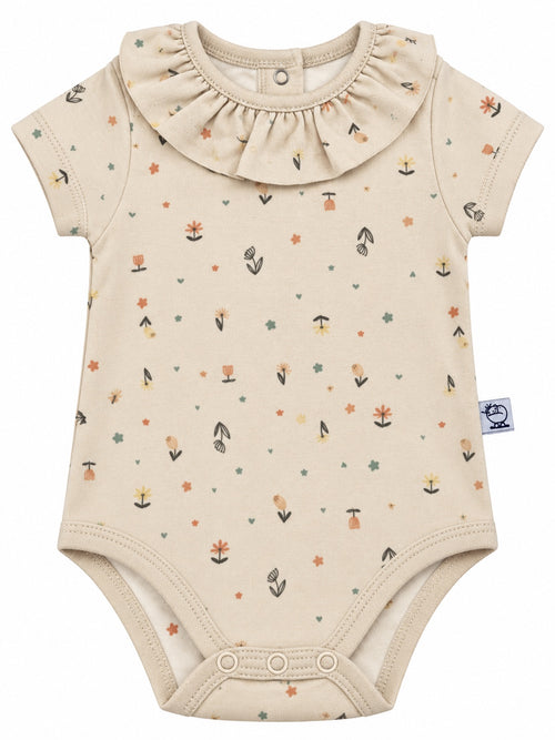 Body bébé beige floral à col volanté, demi-manches