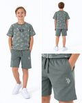 Ensemble garçon US Polo t-shirt imprimé vert sauge et short assorti – 4 à 8 ans