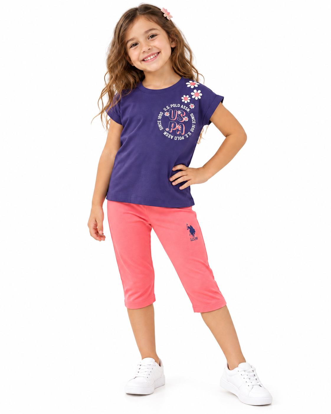 Ensemble fille US Polo t-shirt bleu marine et pantacourt rose – 4 à 8 ans