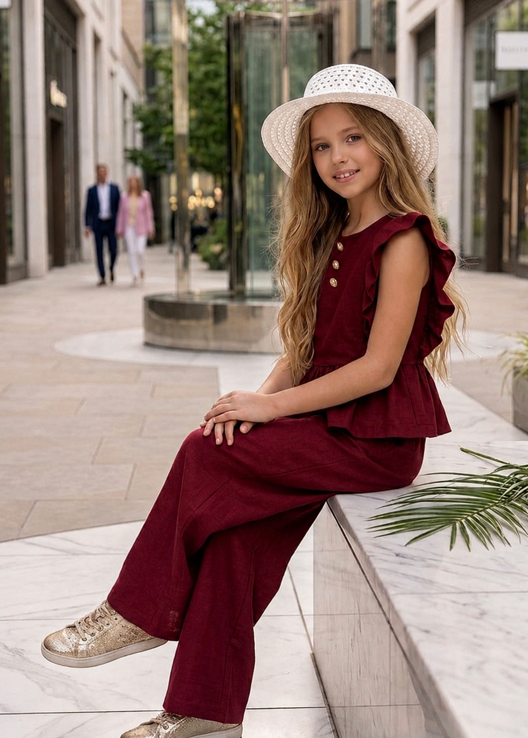 Ensemble fille élégant bordeaux haut volant et pantalon – 3 à 10 ans