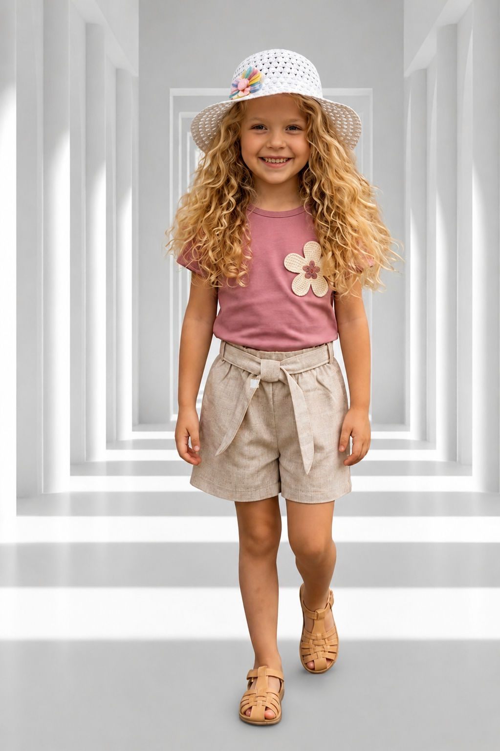 Ensemble fille t-shirt fleur short beige et chapeau – 2 à 5 ans