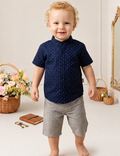 Ensemble bébé garçon chemise bleu marine à pois et short gris – 6 à 18 mois