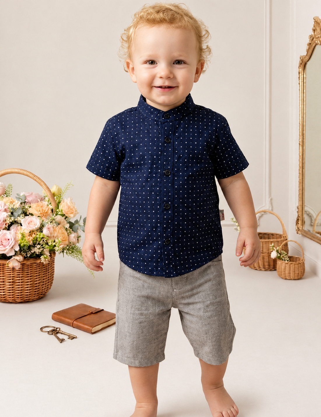 Ensemble bébé garçon chemise bleu marine à pois et short gris – 6 à 18 mois