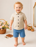 Ensemble bébé garçon chemise imprimée et short bleu – 3 à 12 mois
