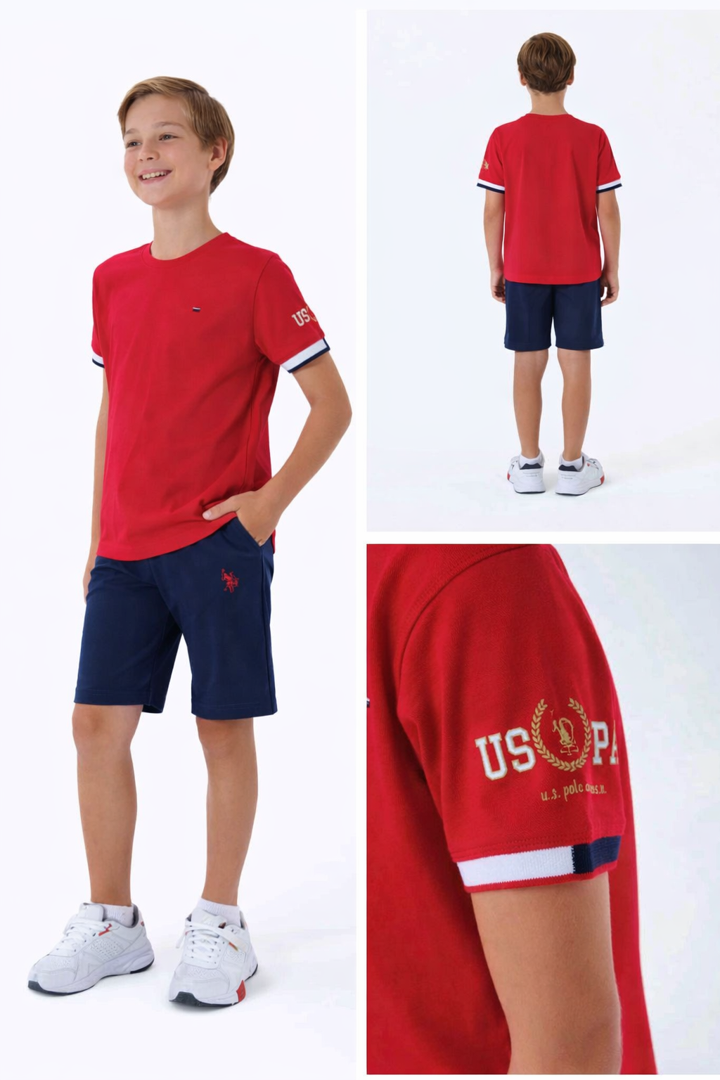 Ensemble garçon US Polo rouge et bleu marine t-shirt et short