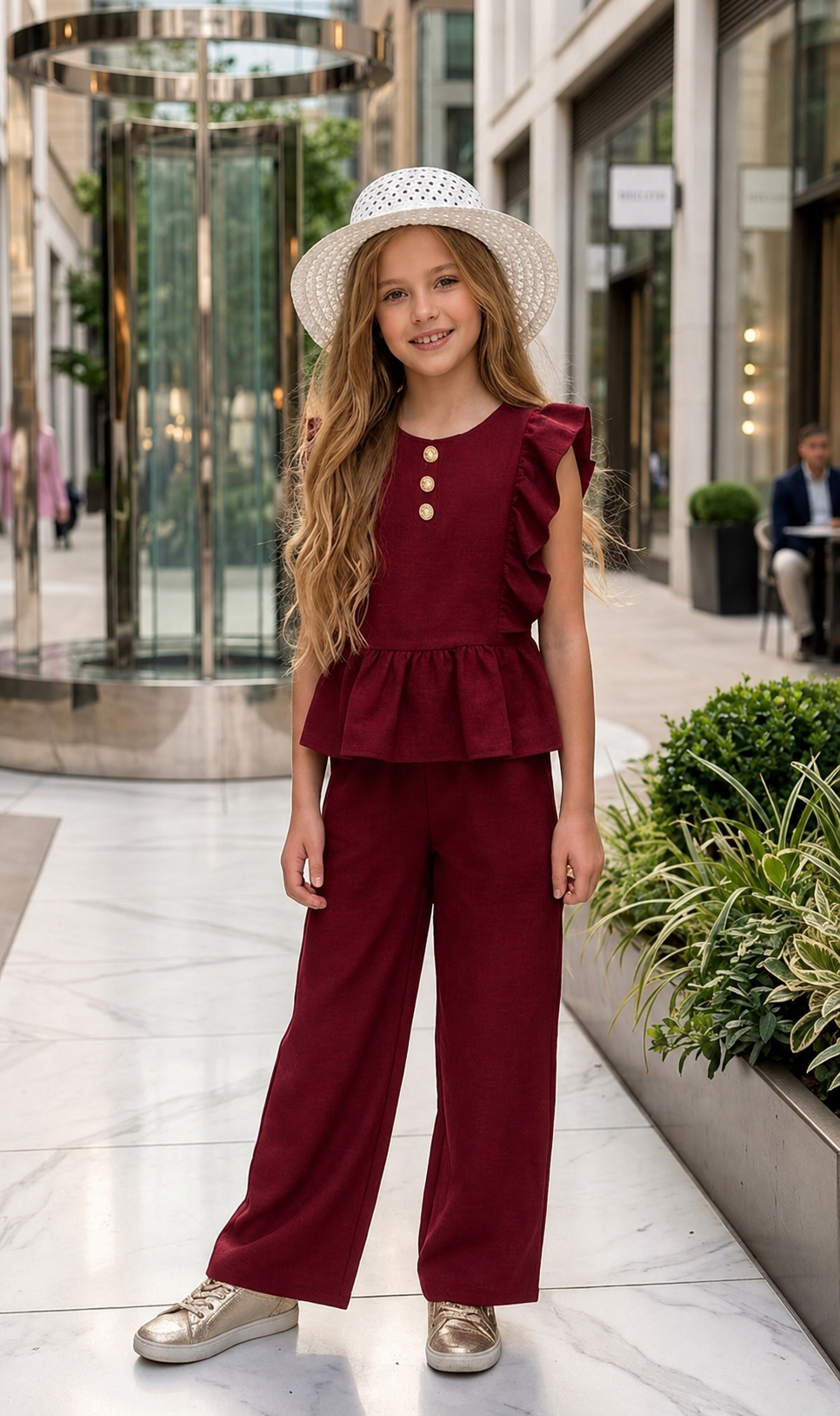Ensemble fille élégant bordeaux haut volant et pantalon – 3 à 10 ans