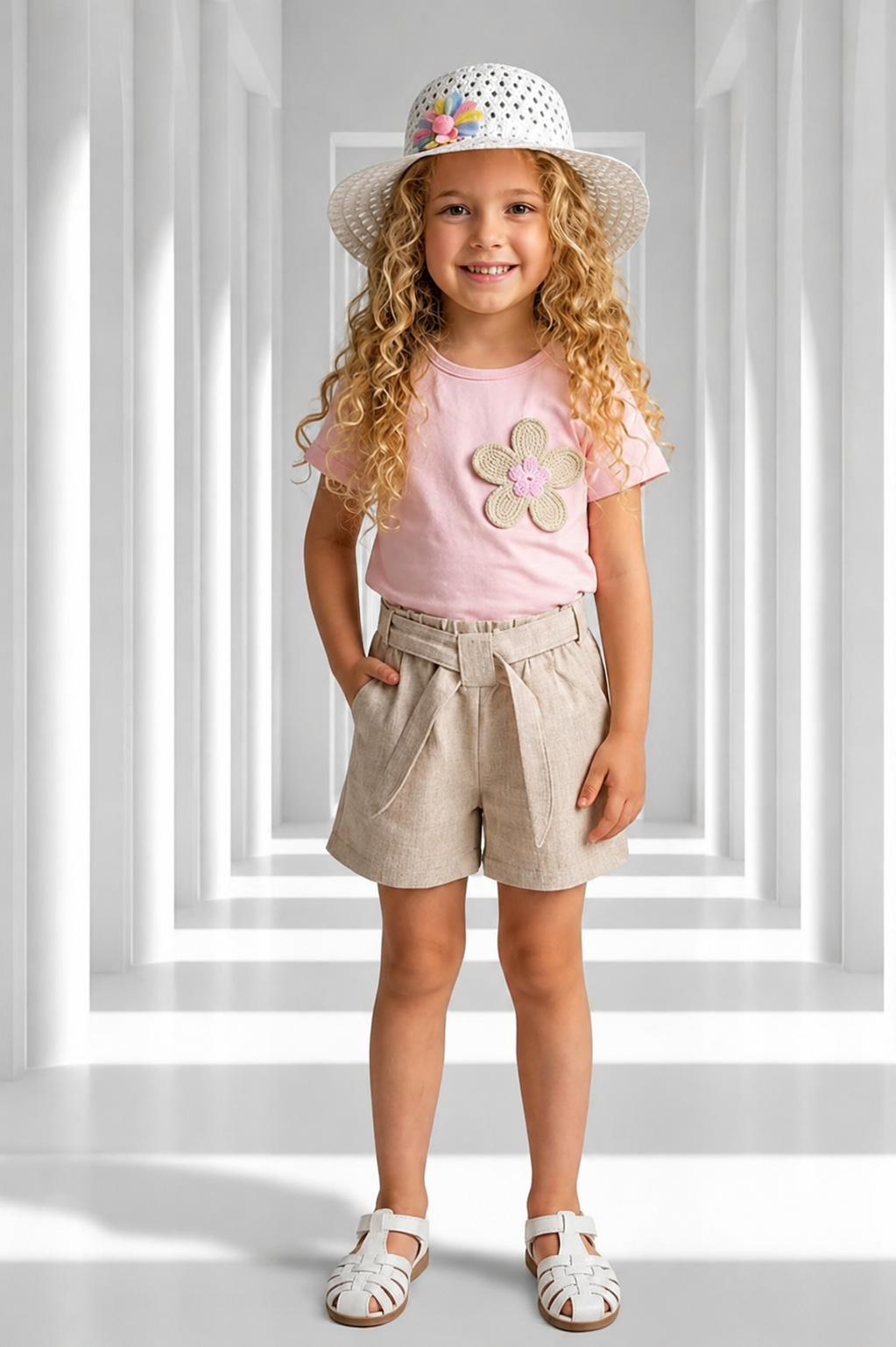 Ensemble fille t-shirt fleur short beige et chapeau – 2 à 5 ans