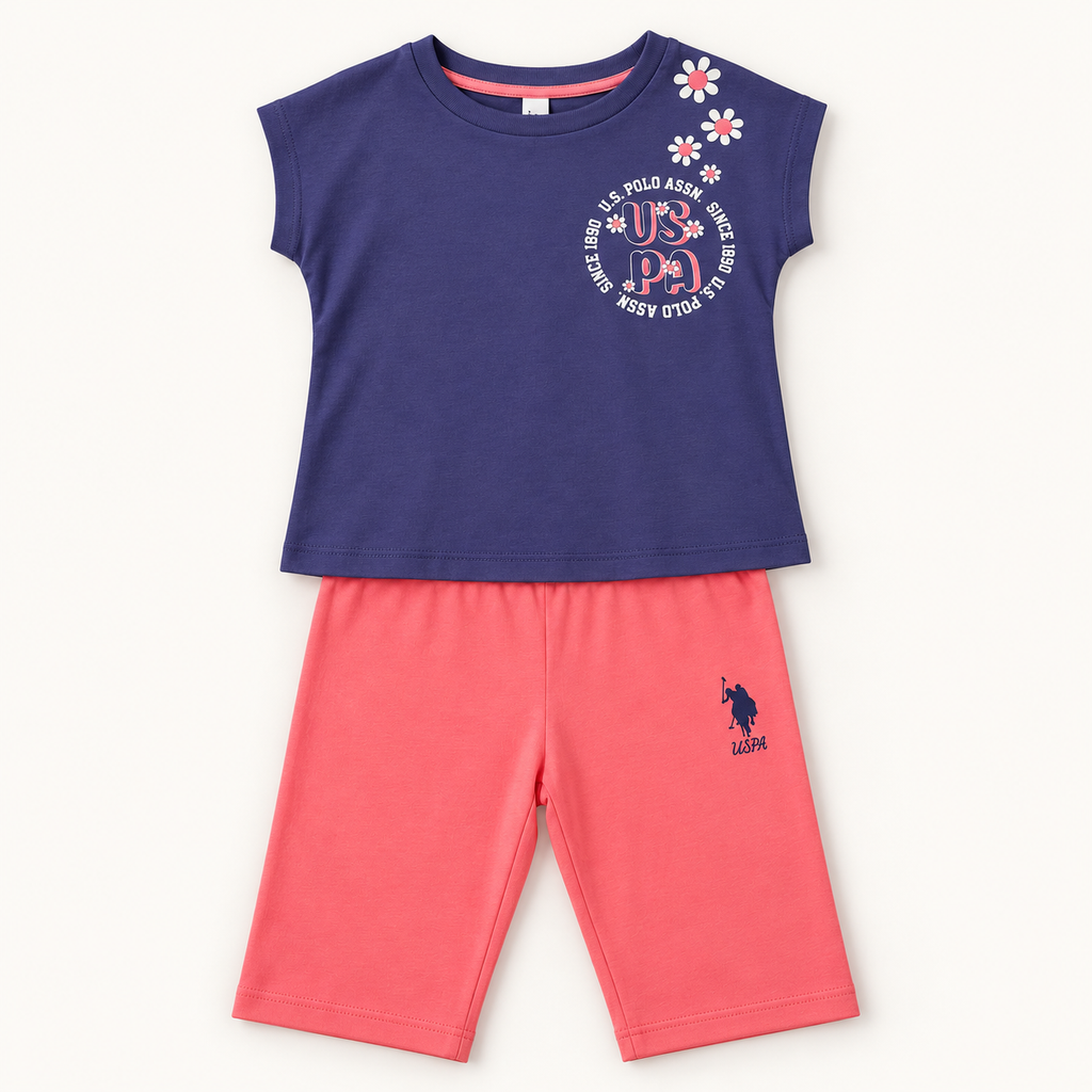 Ensemble fille US Polo t-shirt bleu marine et pantacourt rose – 4 à 8 ans