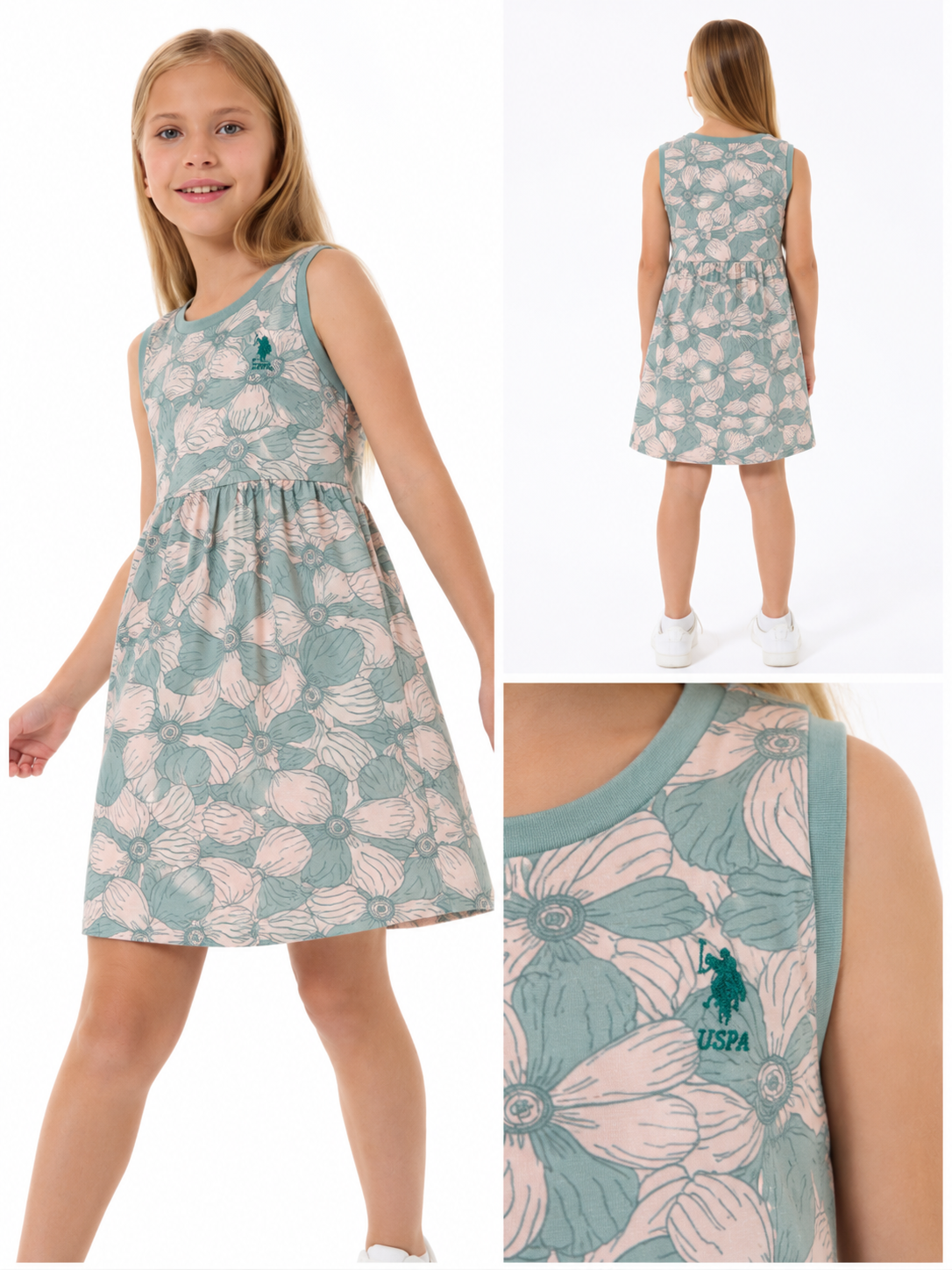 Robe fille US Polo vert d’eau à fleurs – 4 à 9 ans