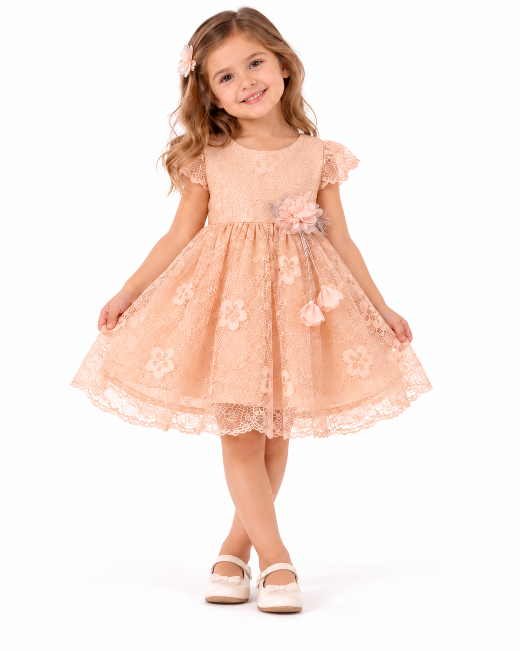 Robe bébé fille rose poudré en dentelle fleurie avec nœud – 6 à 24 mois