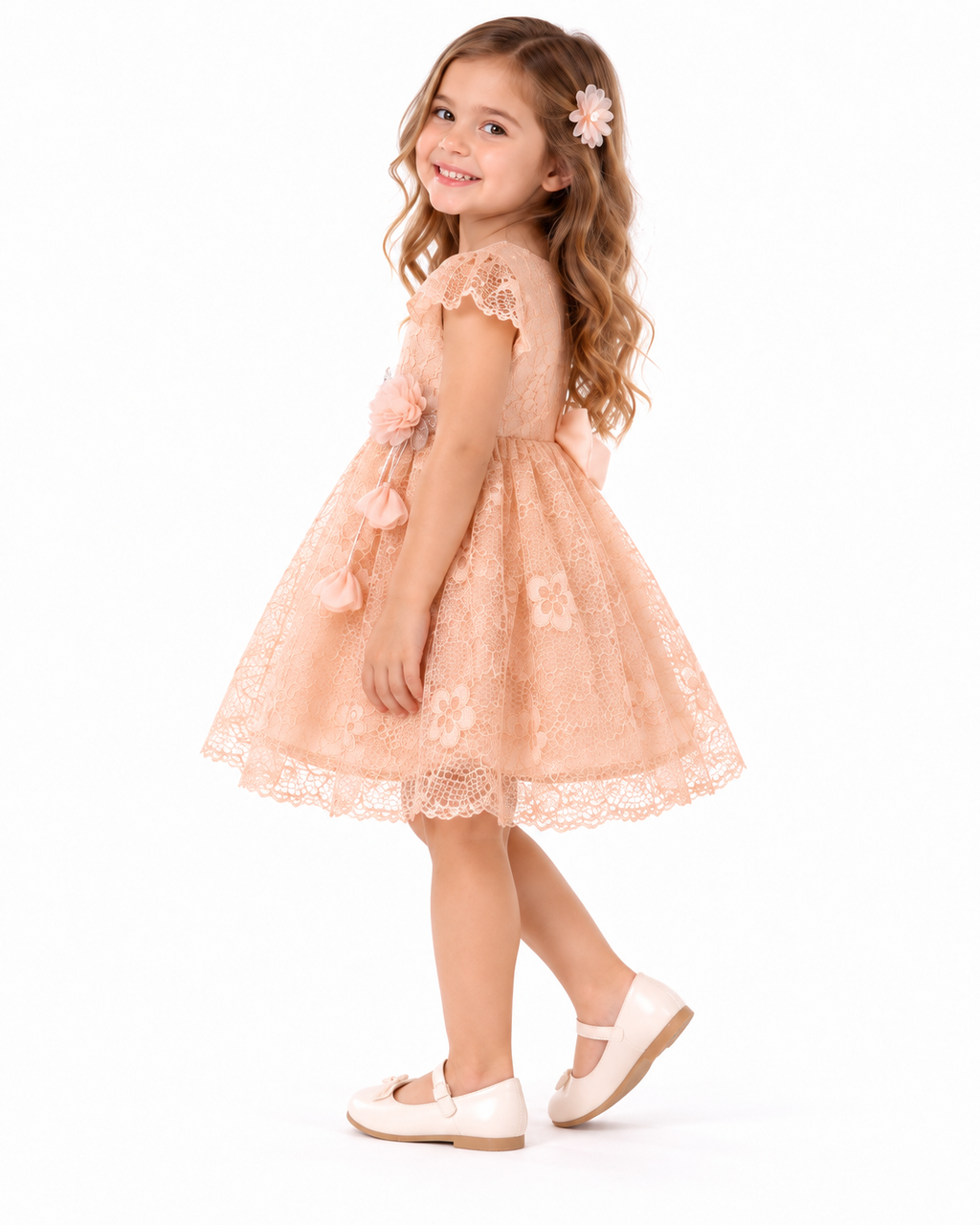 Robe bébé fille rose poudré en dentelle fleurie avec nœud – 6 à 24 mois