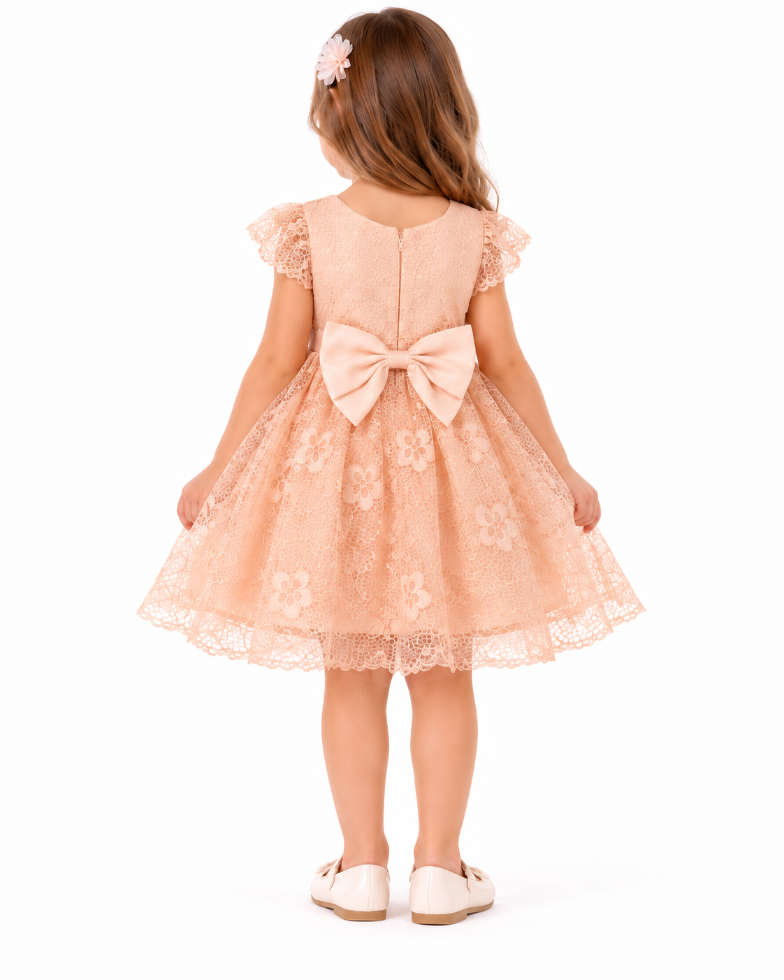 Robe bébé fille rose poudré en dentelle fleurie avec nœud – 6 à 24 mois