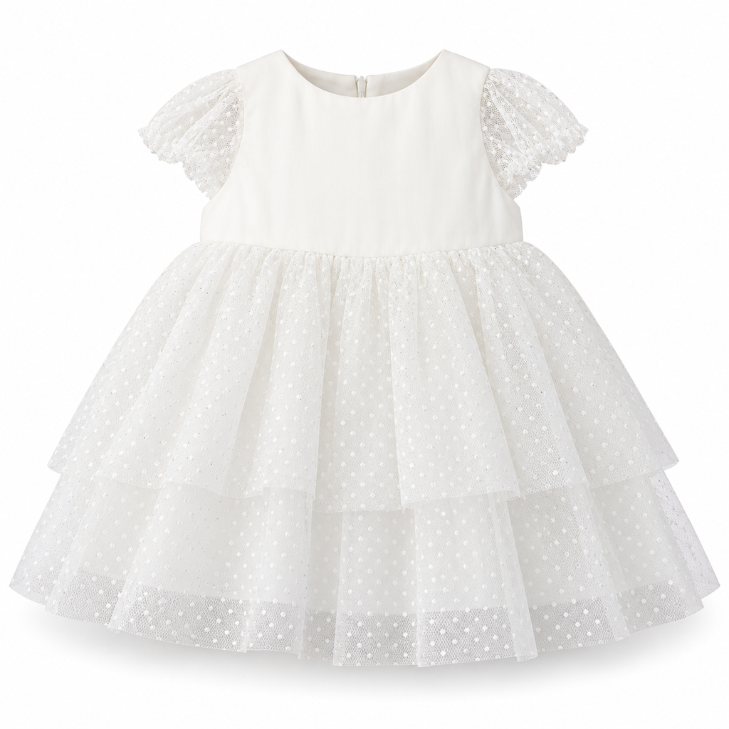 Robe de cérémonie bébé fille blanche en tulle pailleté avec bloomer – 6 à 24 mois