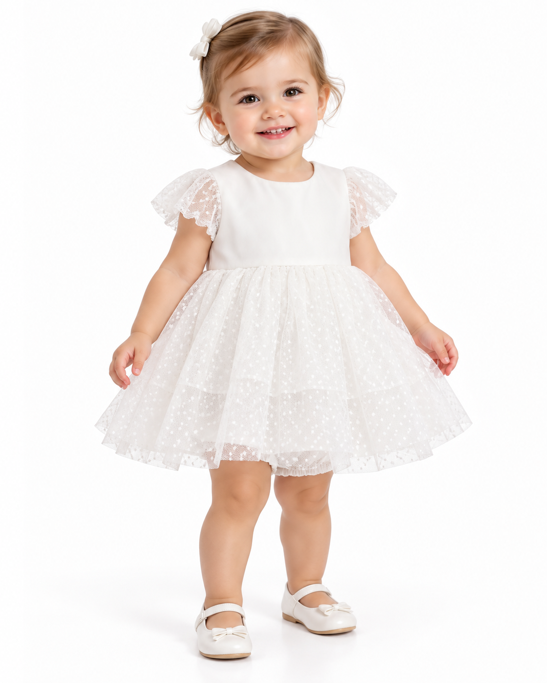 Robe de cérémonie bébé fille blanche en tulle pailleté avec bloomer – 6 à 24 mois