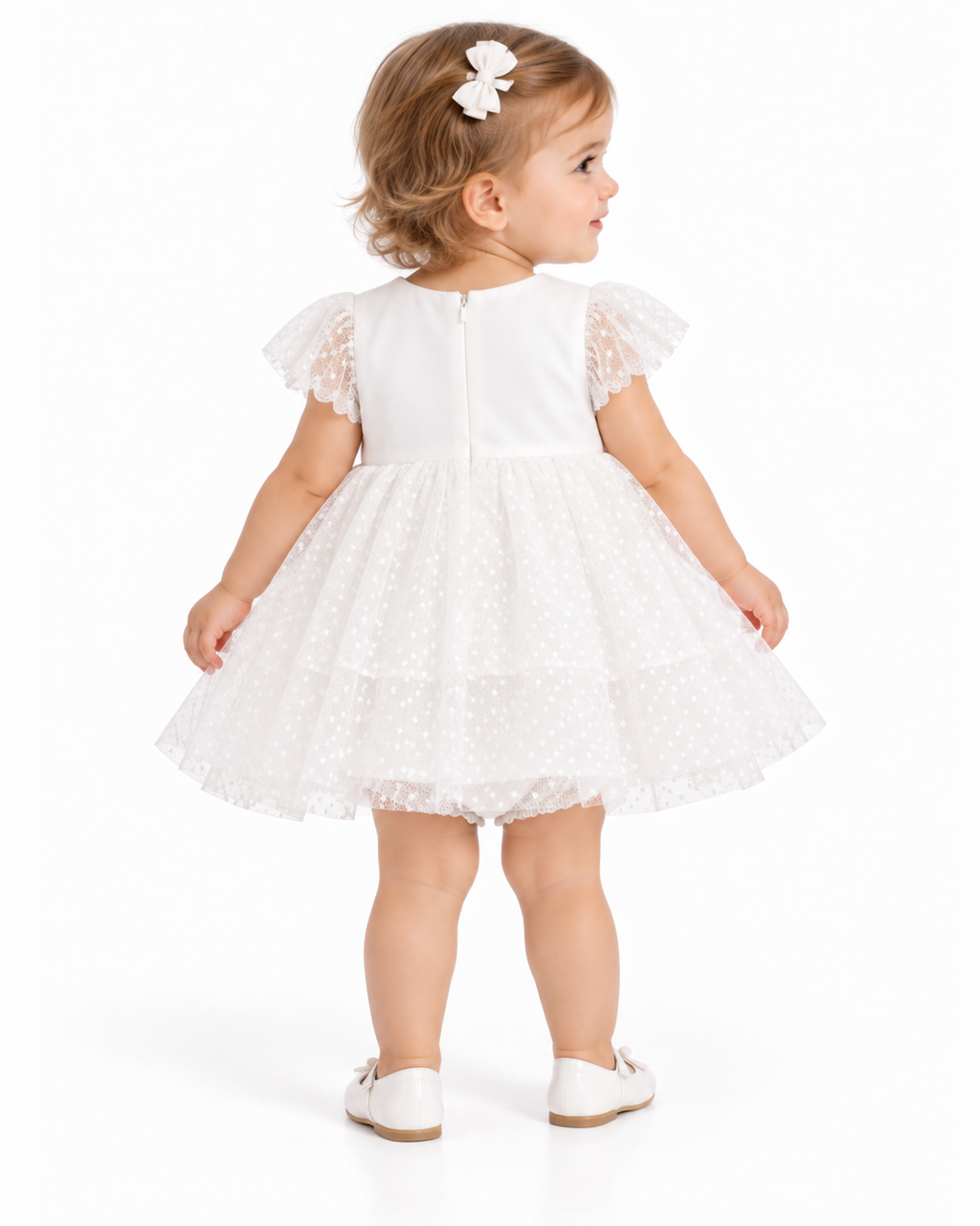 Robe de cérémonie bébé fille blanche en tulle pailleté avec bloomer – 6 à 24 mois