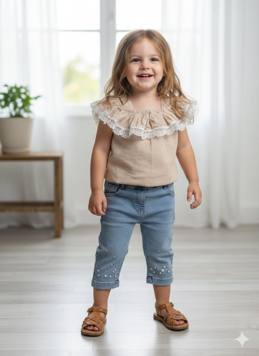 Ensemble fille top à volant avec jean perlé – 1 à 4 ans