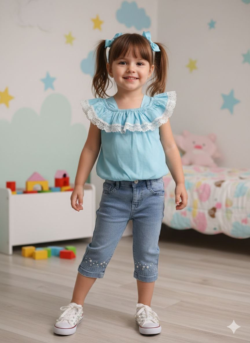 Ensemble fille top à volant avec jean perlé – 1 à 4 ans