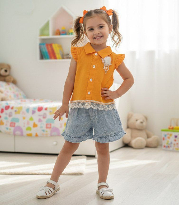 Ensemble été fille top dentelle avec short jean – 1 à 4 ans