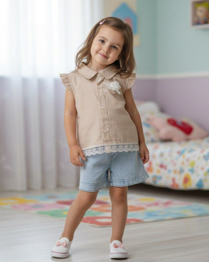 Ensemble été fille top dentelle avec short jean – 1 à 4 ans