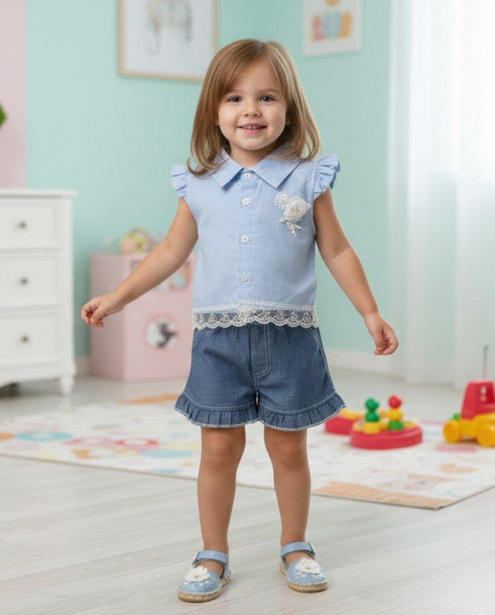 Ensemble été fille top dentelle avec short jean – 1 à 4 ans