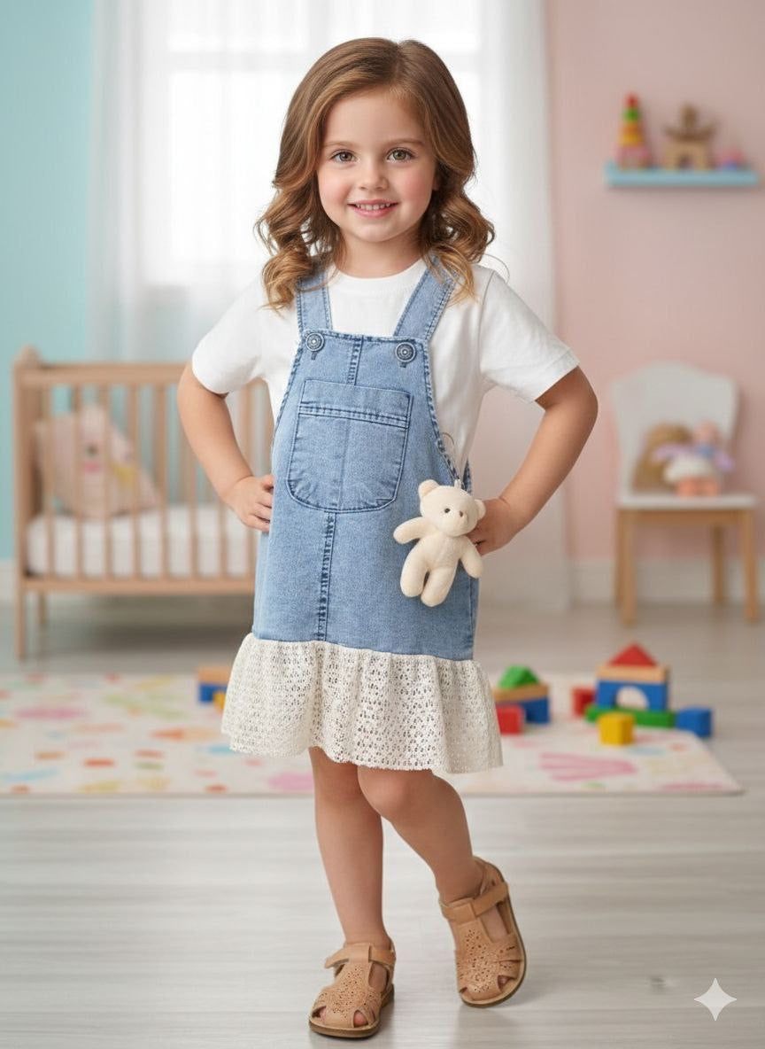 Robe salopette fille en jean avec t-shirt blanc – 1 à 4 ans