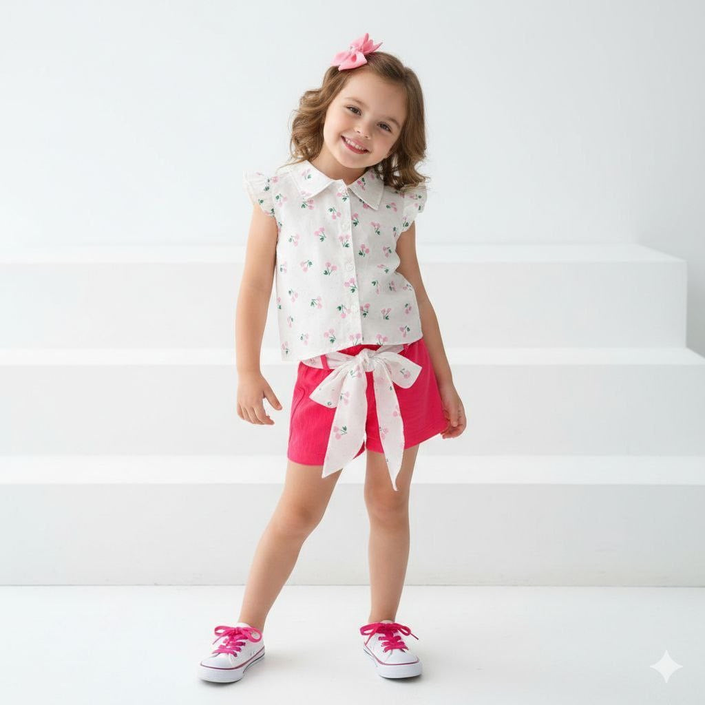 Ensemble fille chemisier fleuri avec short rose – 2 à 5 ans
