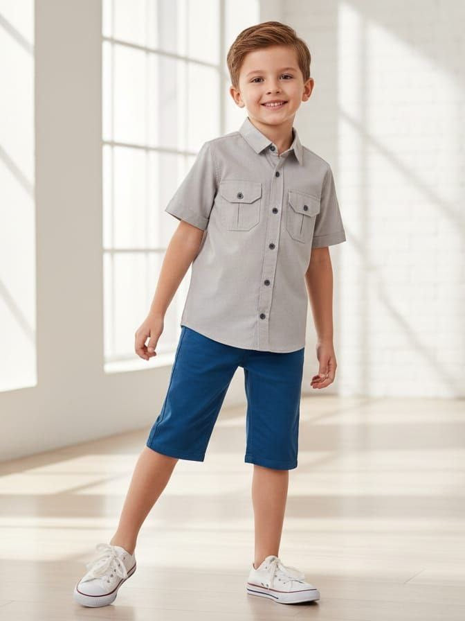 Ensemble garçon été chemise grise avec short bleu