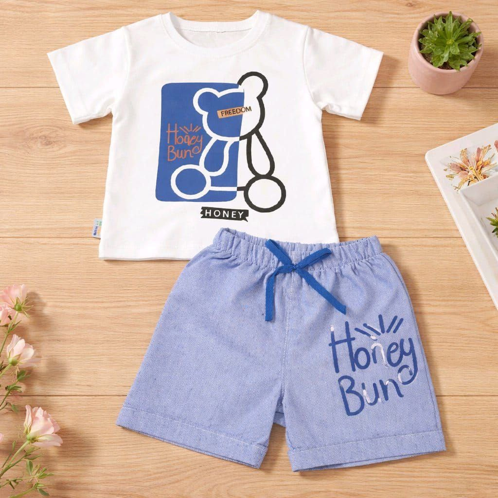 Ensemble garçon t-shirt imprimé ours avec short bleu