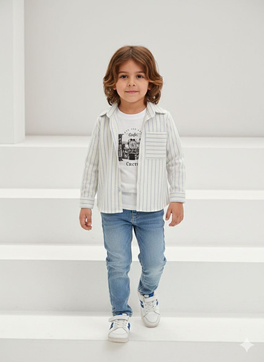 Ensemble 3 pièces garçon chemise rayée t-shirt et jean