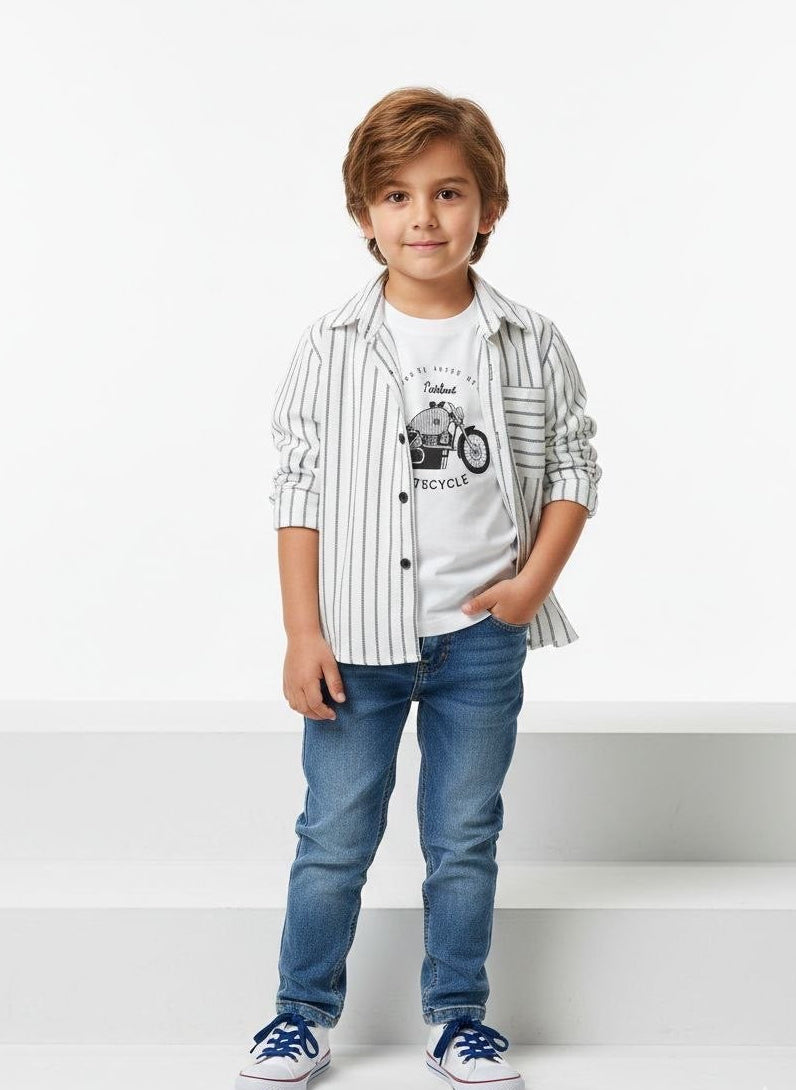 Ensemble 3 pièces garçon chemise rayée t-shirt et jean