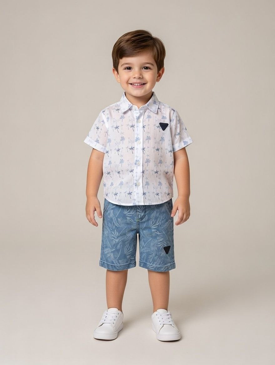 Ensemble garçon chemise imprimée avec short bleu