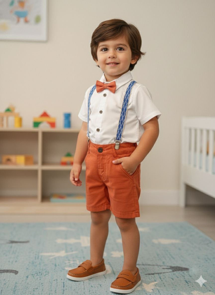 Ensemble garçon chemise et short avec bretelles et nœud papillon