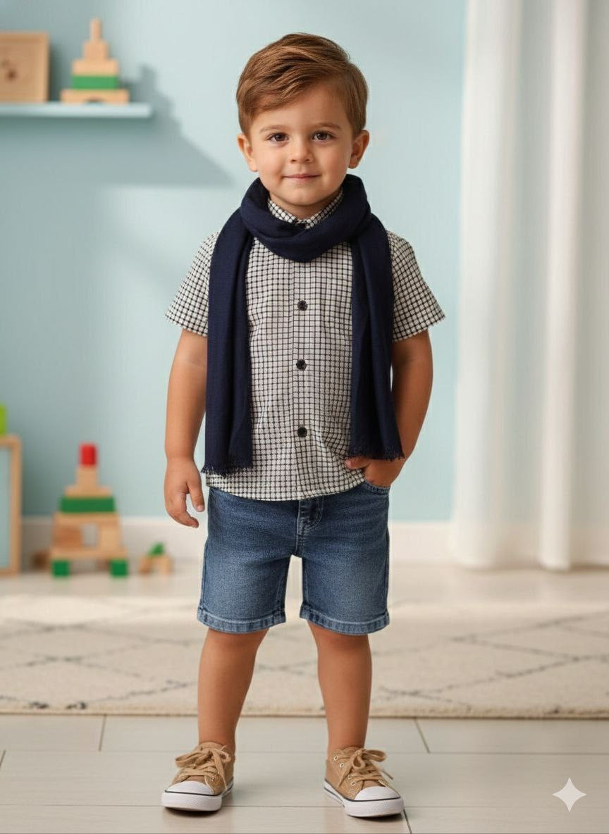 Ensemble garçon chemise à carreaux et short jean avec écharpe