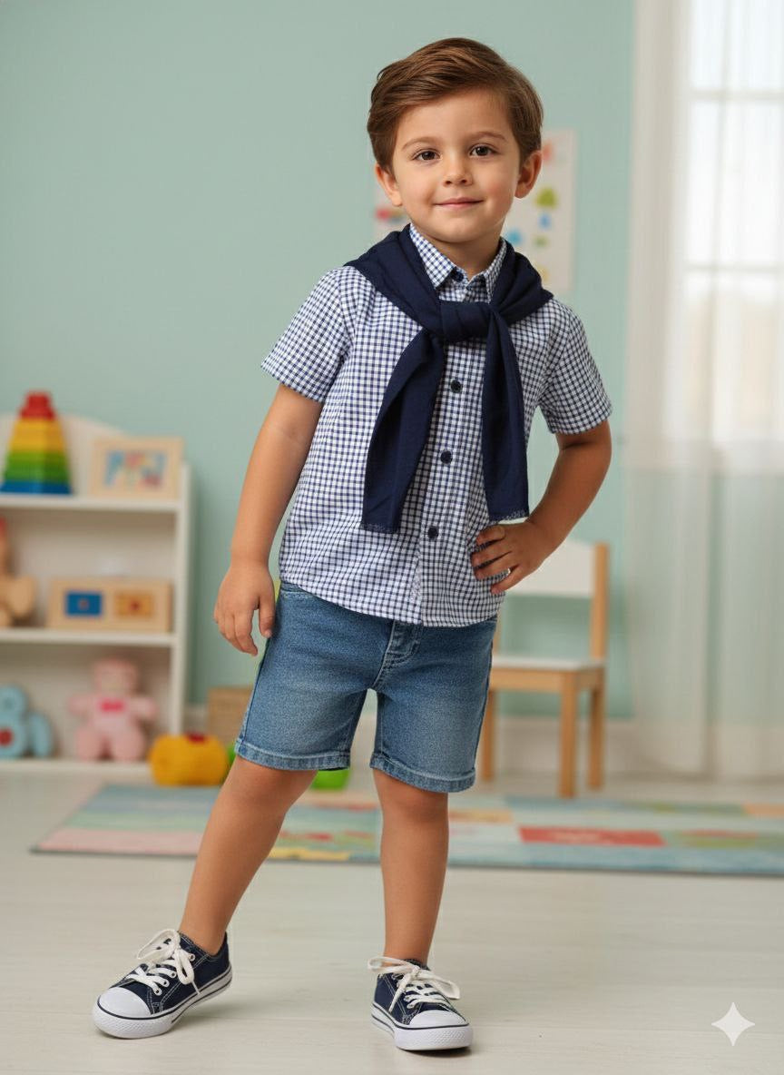 Ensemble garçon chemise à carreaux et short jean avec écharpe