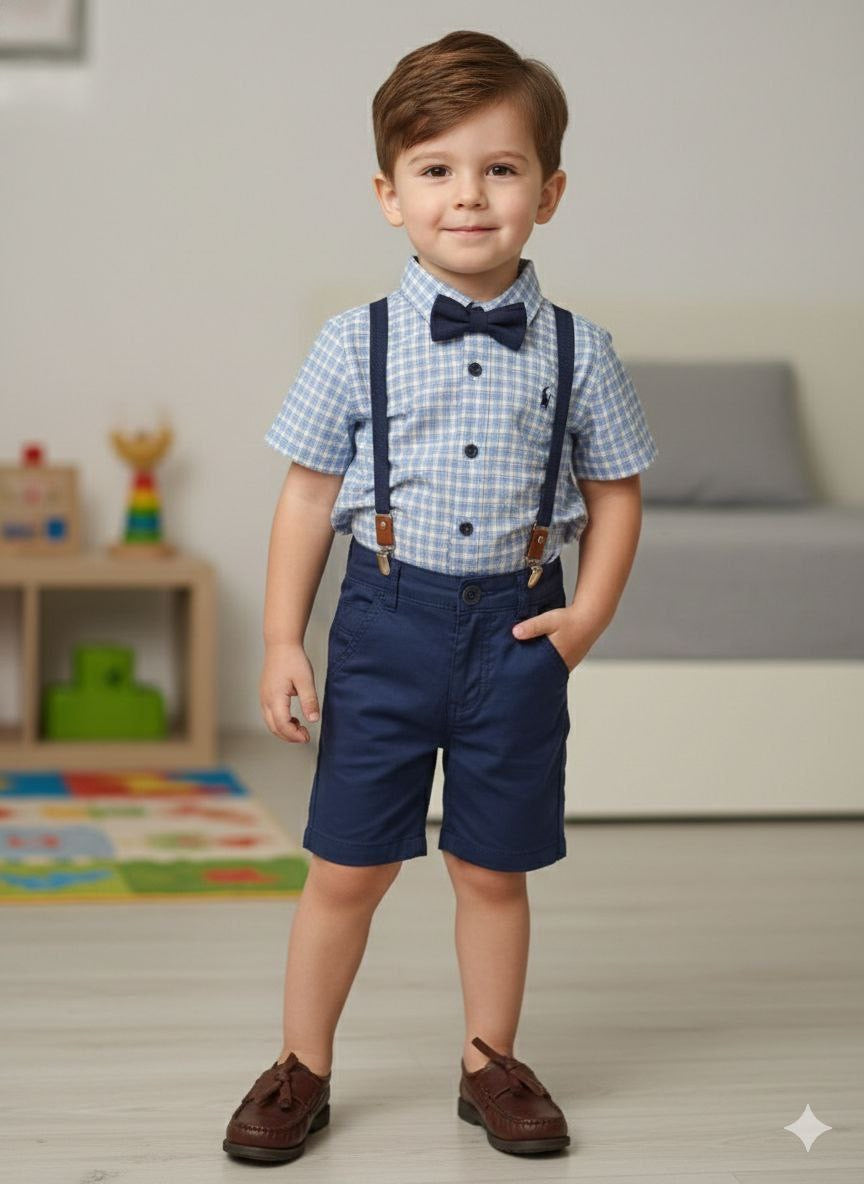 Ensemble garçon chemise et short avec bretelles et nœud papillon