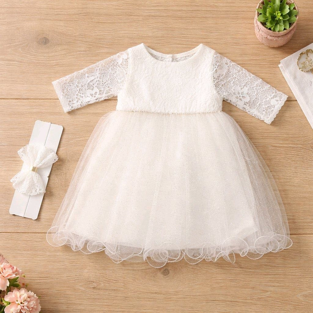 Robe cérémonie fille blanche en tulle et dentelle  – 1 à 3 ans